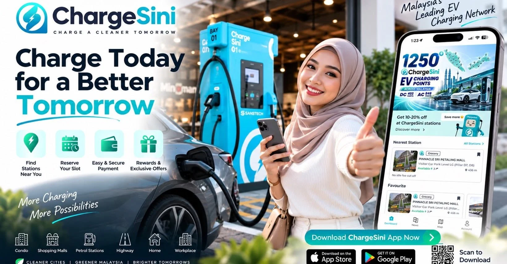 Charge today for a better tomorrow: a driver gives a thumbs up at a ChargeSini DC charging bay next to the ChargeSini app showing 1,250 EV charging points across Malaysia, available on the App Store and Google Play